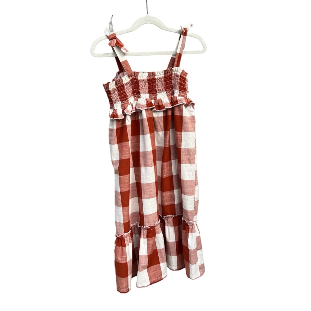 NWT | Size | Smocked Cotton Dress Rust Red/White, Checked